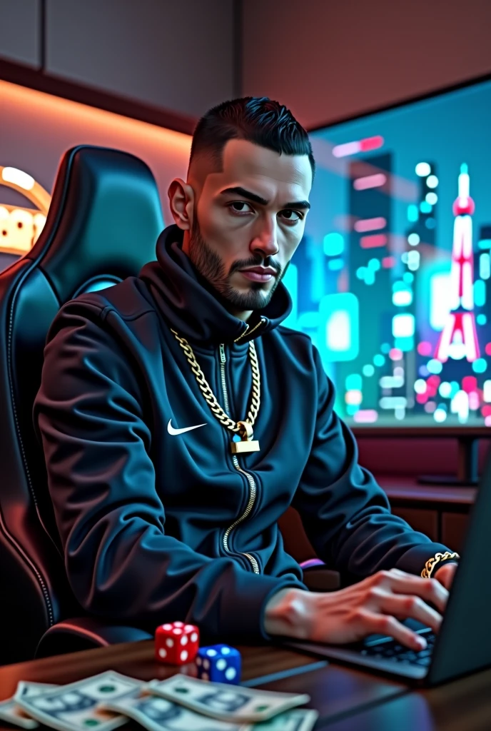 high resolution, ultra detaild), (cinematic), (ultra HD), seen from the front Alone, white skin tone nike tracksuit,short hair gold chain around the neck , goatee on chin sitting gaming chair macbook on lap, in the background a curved screen monitor,, 2 dice on the floor, one blue and one red, a lot of money on the floor, de casino,