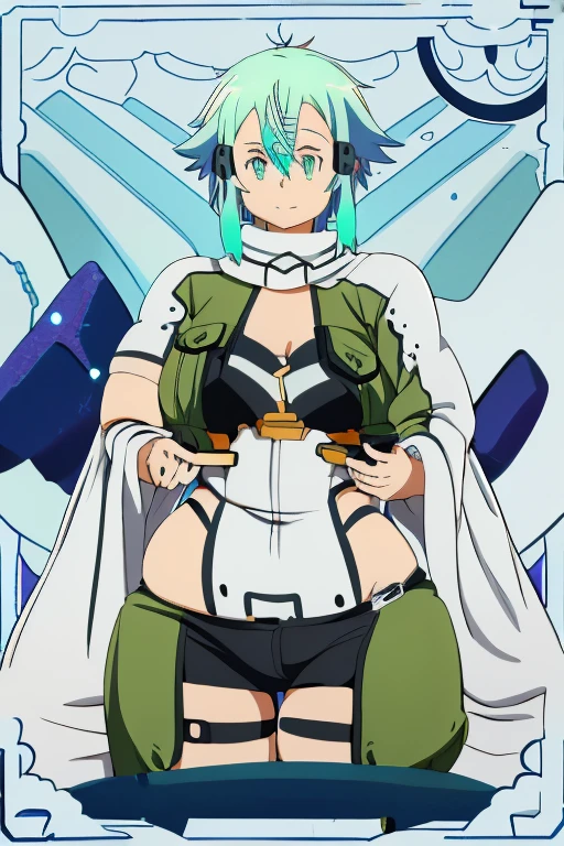 a close up image of an anime girl, (EPsoaSinon), (((ssbbw))), chubby, extremely detailed face, (detailed eyes), stares at the viewer, smile, ((large breasts)), (((extremely wide thighs))), (((very tight outfit))), simple background, cyberpunk background, hyper bottom heavy,