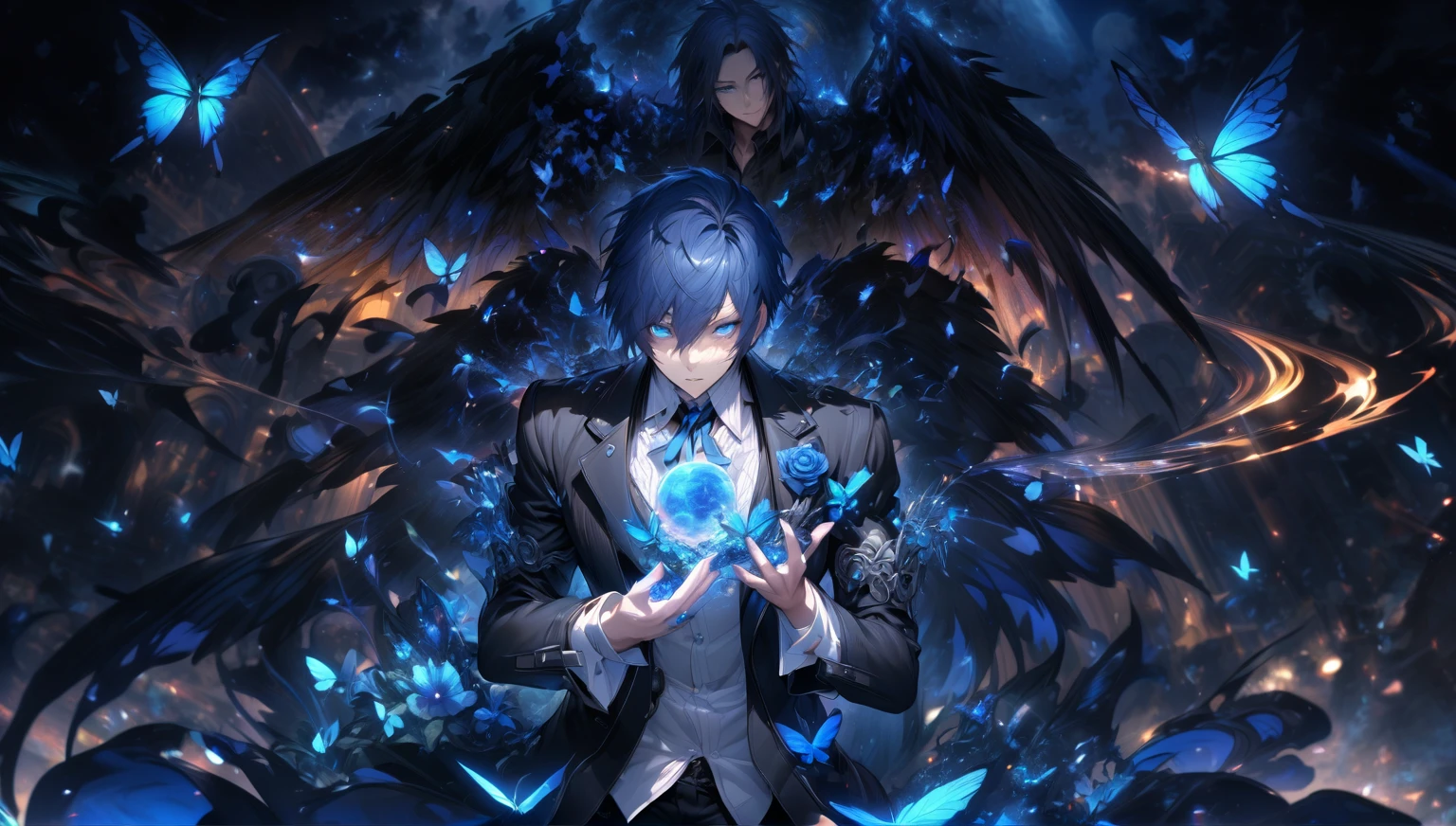 absurdres, highres, ultra detailed, HDR, masterpiece, detailed face, detailed eyes, Yuki Makoto, dark blue hair, expressive blue eyes, persona 3, solo, sexy man, handsome, mature man, adult face, white shirt, black jacket, blue moon, blue butterflies, magical, fantasy, glittering, blue dust, black angel wings