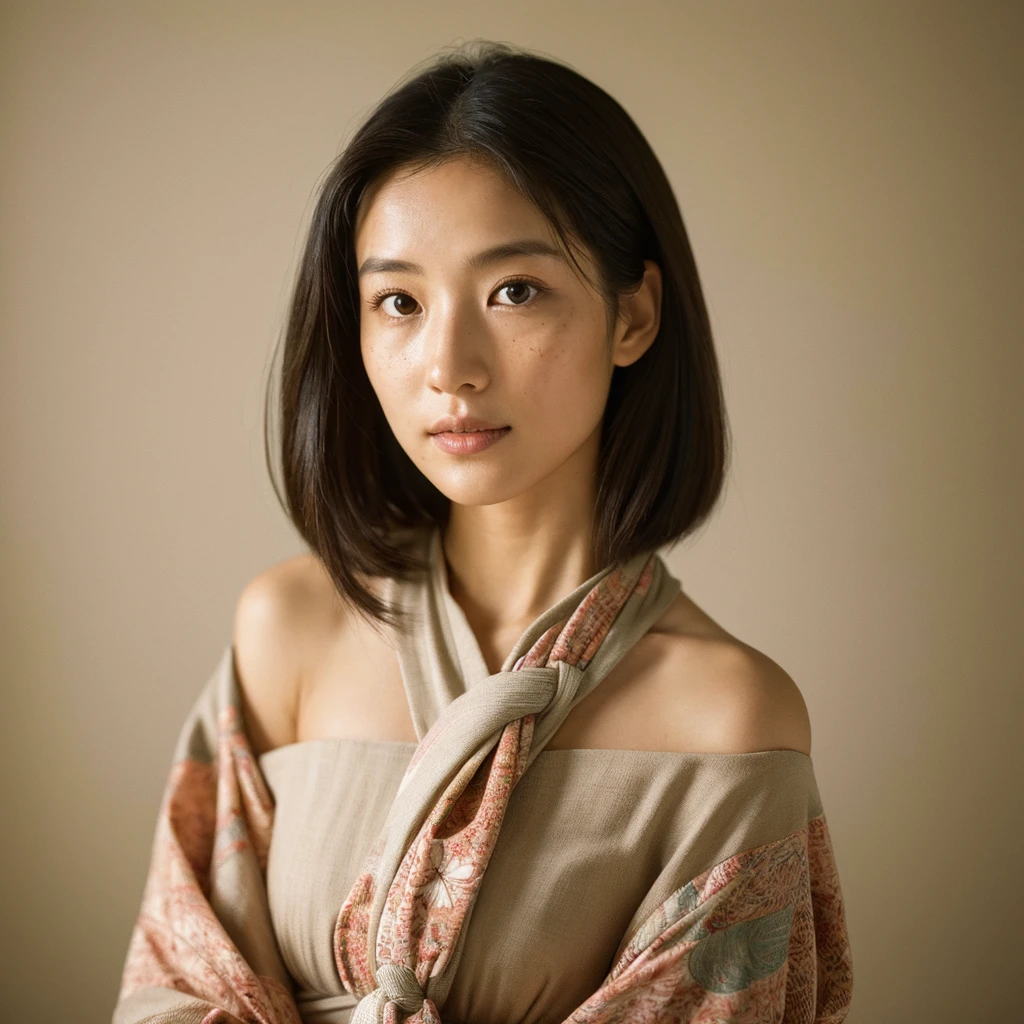 An ultra-realistic image of a single Japanese woman in her early 20s, captured from the shoulders up with the nostalgic warmth and subtle graininess of a film camera. She is wearing a traditional yukata with a vibrant, cute design featuring intricate floral patterns of cherry blossoms, peonies, and delicate leaves in shades of pink, red, and lavender, set against a soft pastel background. The obi is elegantly tied with a complementary color, adding a playful yet sophisticated contrast. The fabric of the yukata looks lightweight and breathable, with visible folds, tiny threads, and textures that enhance its realism, draping naturally over her shoulders. Her skin, visible from the shoulders up, has a warm beige tone with a highly realistic texture that captures the nuances of natural skin: visible pores, fine lines, faint blemishes, and slight redness around the nose and cheeks. The texture reveals areas of unevenness, with natural variations in color and small imperfections such as tiny freckles, slight dryness on the forehead, and fine hair on the skin, making it look convincingly real. The lighting is subtly muted, replicating the soft, diffused natural light of an overcast day, creating gentle shadows that contour her face and highlight the skin's natural texture without smoothing it out. The soft light catches the tiny details, like the soft downy hair on her cheeks and the subtle sheen from natural oils, adding to the authenticity. Her straight, glossy black hair falls naturally around her face, slightly tousled, with individual strands catching the soft light. Her deep brown eyes reflect the ambient light subtly, adding a lifelike depth and emotion. The film camera effect introduces a fine grain and a soft focus, providing a warm, nostalgic atmosphere while maintaining the raw, unfiltered quality of her skin. The composition is centered solely on her, capturing her serene and understated elegance, focusing closely on the realistic textures of the yukata and her