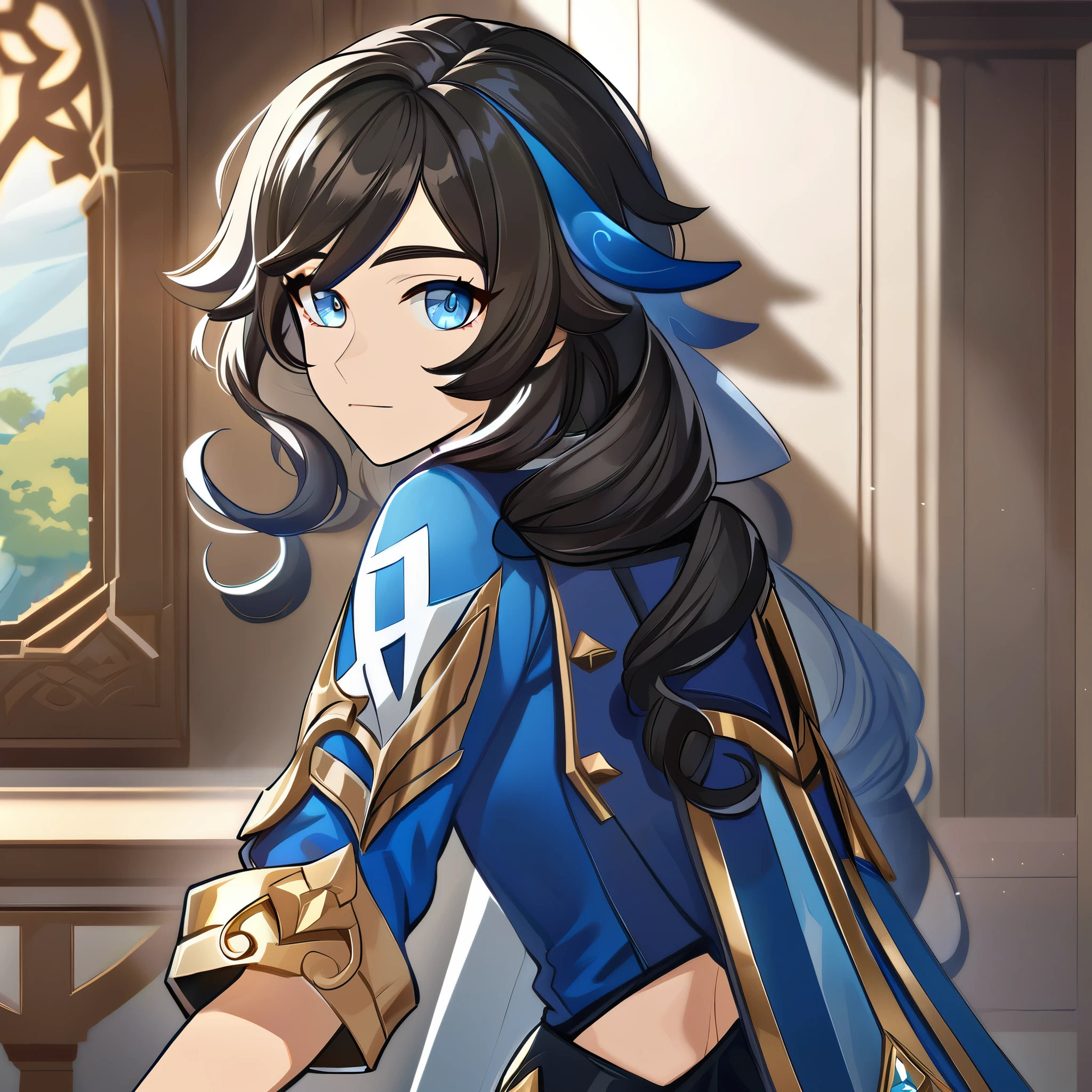 genshin impact arte oficial, picture-perfect, boy, brunette skin, blue colored eyes, Bblack hair, long curly hair, blue clothing