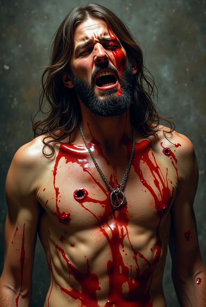 Jesus Christ full of bullets all stabbed in the body with crying blood

