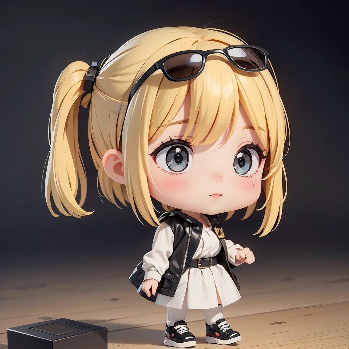 Super Chibi Character:1.8、Blonde Hair、Cute girl、Spy-style costume、Super Chibi Character:1.8、Wearing large black sunglasses、wear black shoes