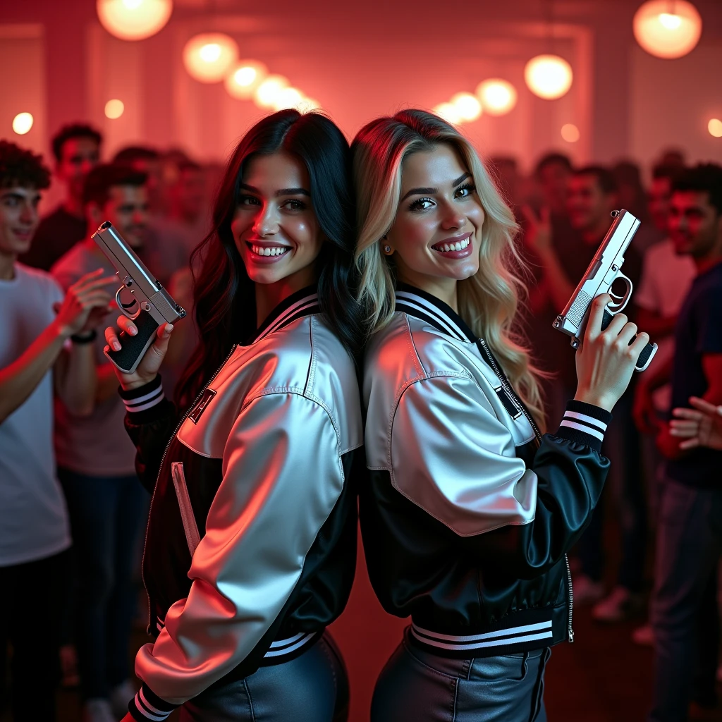 wide depth of field, wide depth of focus, f/11 lens setting, all objects in focus, full color image, 2 laughing women standing back to back, posing with pistol held strait up by face, looking at camera ,large fraternity house game room, full body image, (two tone silver and black satin bomber jackets with white trim, shiny satin pants), women posing with a pistol held up by face, one girl makes peace sign with hand, long flowing hair (one raven haired, one blonde) , confidant smile, pure form, intricate details, 8K post-production, high resolution, super detailed, Popular topics on Artstation,, Studio photos, intricate details, Very detailed, she stands in the middle of the room and she is surrounded by a large (all male) group of cheering young men wearing jeans and t-shirts who are all standing in the background