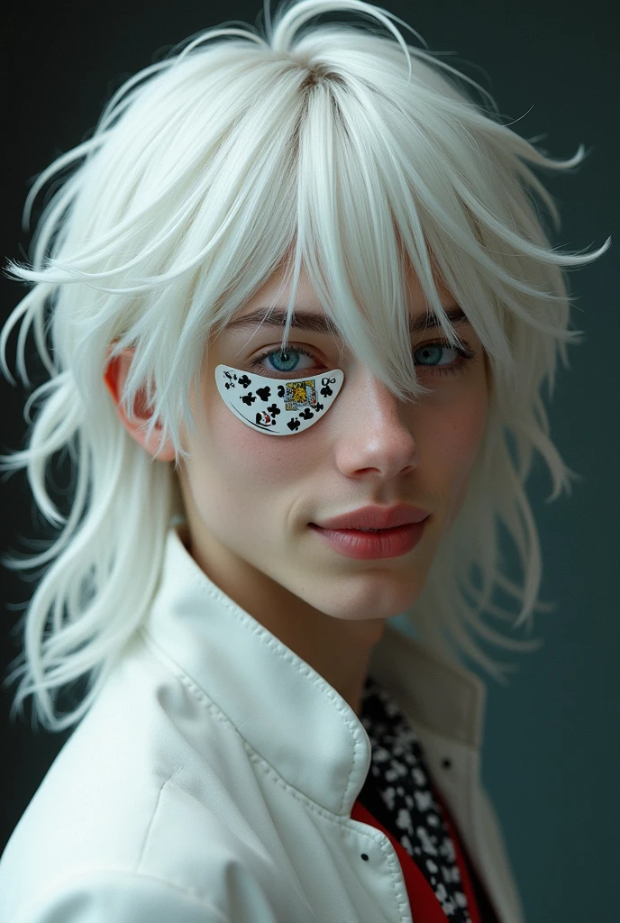 REAL LIFE, White european, young man, white hair, bangs in the hair that cover his forehead, emo bangs in the hair, BANGS IN THE HAIR, straight hair, blue eyes, male, real life,  realistic, MAN,  retrô, human, live action,  White cape, a playing card in the eye as a eye patch, Full  body, HE IS A MAN, MALE, very beautiful young man, smile, happy, bangs cover his forehead 