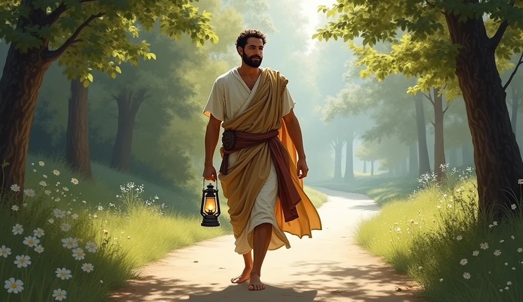 A male Stoic philosopher, around 2, with a well-proportioned and attractive physique, slightly tanned skin, and a short, well-trimmed beard, walks confidently along a clear, bright path, away from a dark and overgrown one. He is dressed in classic tunics of soft earthy tones—gray and olive green—with subtle gold or copper details, gently draping over his body, with one shoulder exposed. The scene is painted in an impressionist style, with dramatic brushstrokes capturing the harmonious and balanced environment around him. In his hand, he carries a small lantern, symbolizing wisdom guiding his journey. The philosopher’s face reflects calm determination, highlighting the peace and clarity that come from practicing selective forgiveness and upholding integrity, embodying a life guided by Stoic principles.
