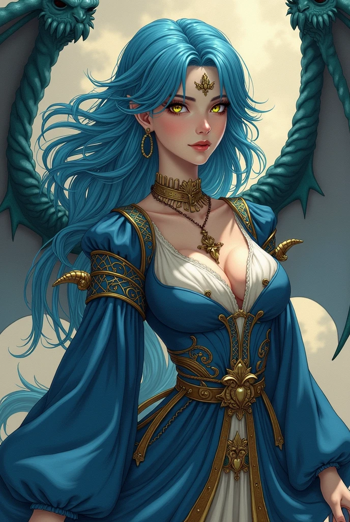 Japanese angel style: A woman with long blue hair and yellow eyes, has an arrogant look an expression of nobility, being half human and dragon has blue dragon wings and medieval clothing so sensual