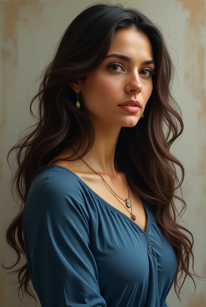 there is a woman with long hair and a blue top, a portrait inspired by Gina Pellón, Pixabay, renaissance, roxie vizcarra, Women aged 40, Angelina Stroganova, Diane Ramic, sandra chevier, aged 40 years, niele toroni, she is about 50 years old, profile picture