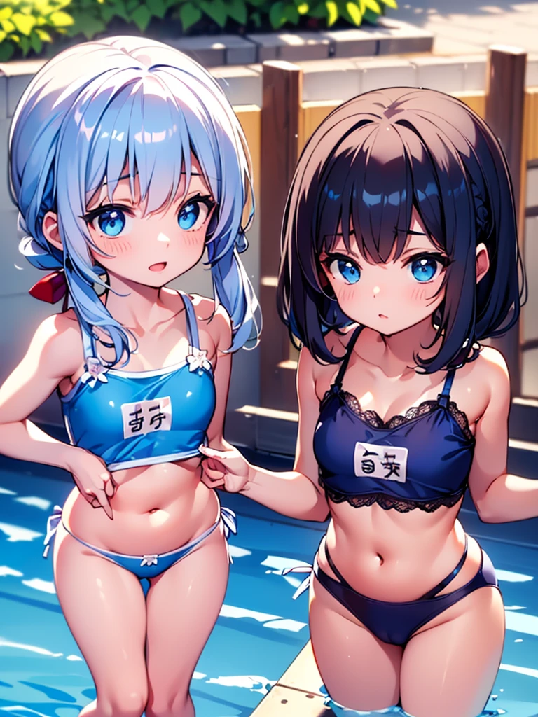 ((A plump and squishy lady:1.3)),((surprise!!:1.3)),(((Women's Lace Panties,((open crotch pantie)),transparent,Erotic lingerie,Big size,Open crotch underwear))),Highest quality、High resolution、Detailed Background、(Beautiful face in every detail:1.4)、A group of young girls, around 6 to , are in the middle of a swimming lesson at a Japanese elementary school. They are wearing matching blue school swimsuits, with white swim caps covering their hair. The pool is a standard outdoor school pool with clear blue water, surrounded by a low fence, and a view of the school's brick buildings in the background. The girls are lined up along the edge of the pool, some are about to dive in, while others are practicing their strokes in the water. Their expressions range from concentration to joy as they follow the instructor’s guidance. The atmosphere is lively yet focused, with sunlight reflecting off the water, creating a vibrant, summery feel.