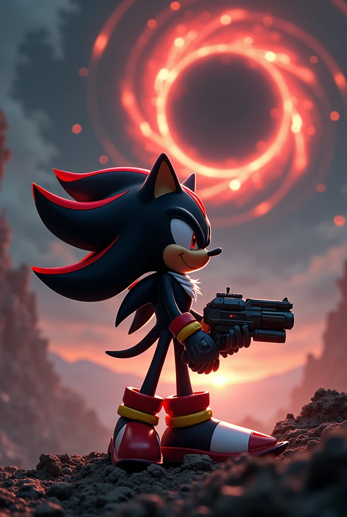 Make the image of shadow the hedgehog, with a gun in his hand looking at the sky, and a black hole in the sky