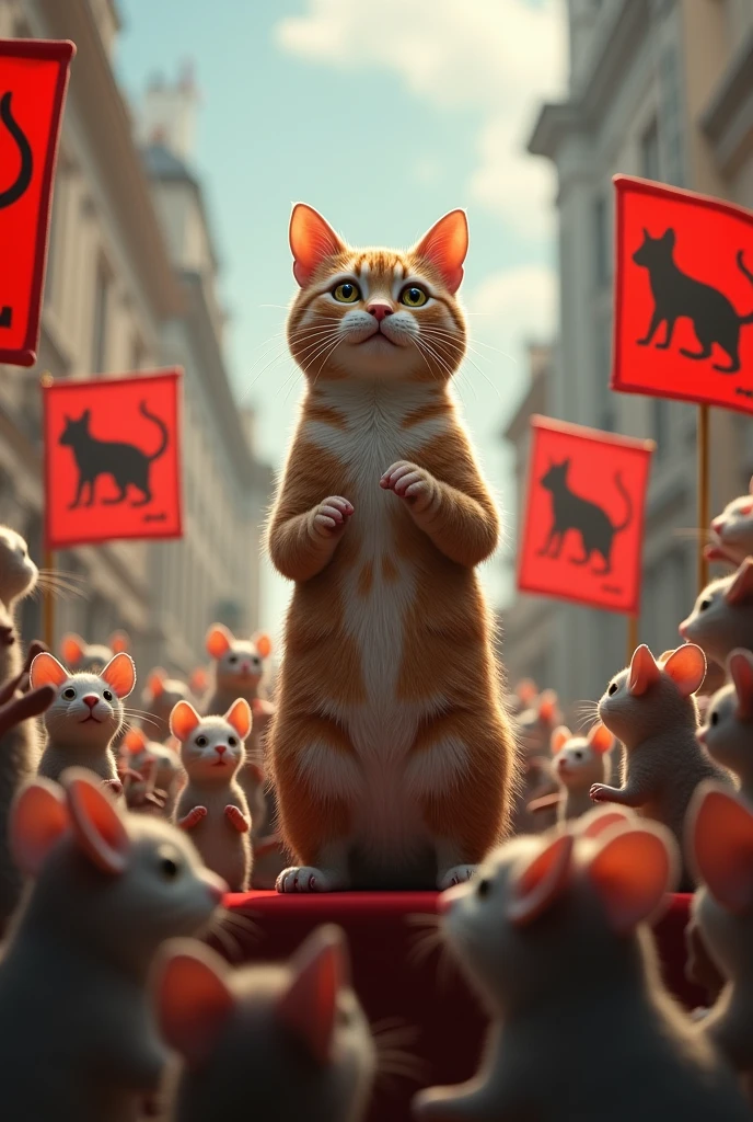 (policy) A cat on a platform giving a speech to a crowd of mice, the mice raising flags with a cat design. 