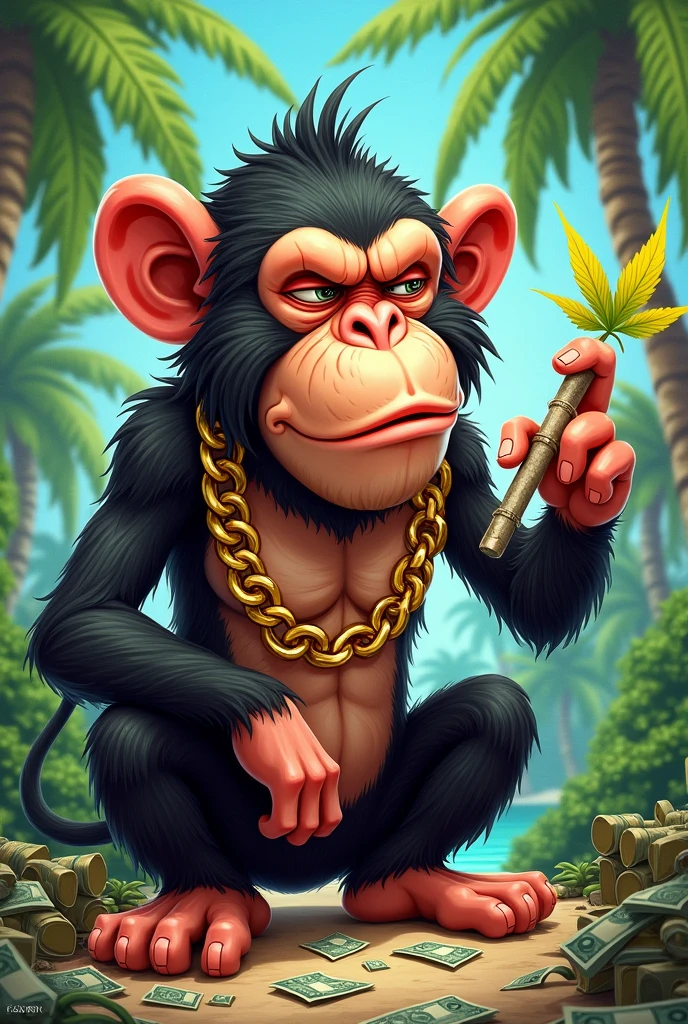 Create me an image of a monkey smoking marijuana with lots of bills and palms and gold chains And squinting eyes and that is called macaco Animated serious face and a big title that continues macaco Make another worse one that smokes out of its mouth One that has its eyes almost closed and Chinese that smokes out