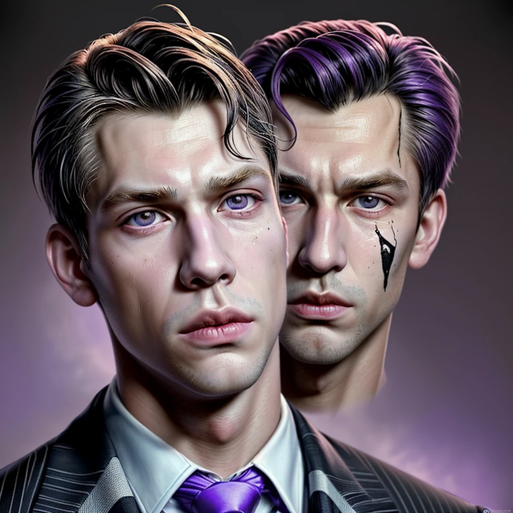 An impressionist-style painting depicting a young punk looking at the camera, his face split in half into one part a younger version and the other an aged version of a businessman in a suit and a purple tie, with the words "7Vs7" engraved on his forehead. Illuminated by a soft purple light, the details are mesmerizing - age lines on your skin contrast with the contrast of youth and The artwork is of exceptional quality,