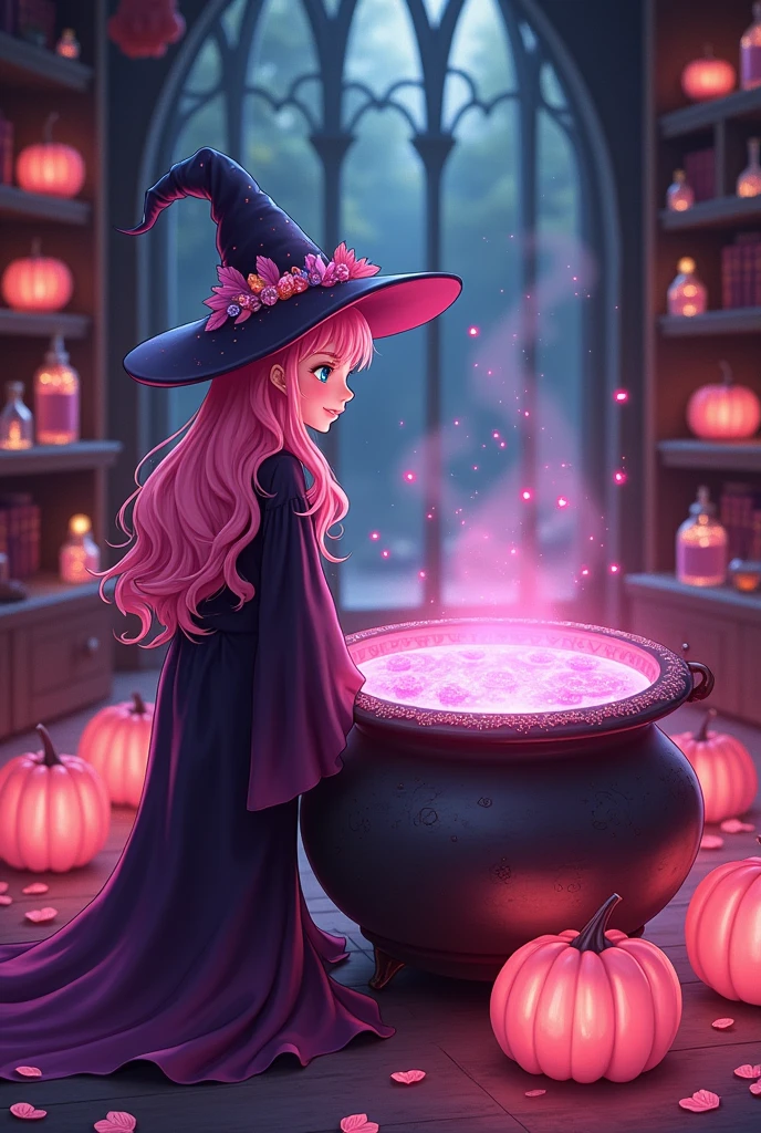 A richly detailed, anime-inspired scene of a witch's room, filled with vibrant pink pumpkins, glistening spell books adorned with sparkling gems, and shimmering potion bottles glowing with an otherworldly light. The witch, with mesmerizing pink hair and a dazzling hat decorated with feathers and gemstones, stands by a large cauldron. The cauldron bubbles with a pink and black concoction that dances with a glittery luminescence. In the background, the witch's chamber has a dark, mystical ambiance with a sense of otherworldly magic and enchantment., cinematic, anime, photo, vibrant