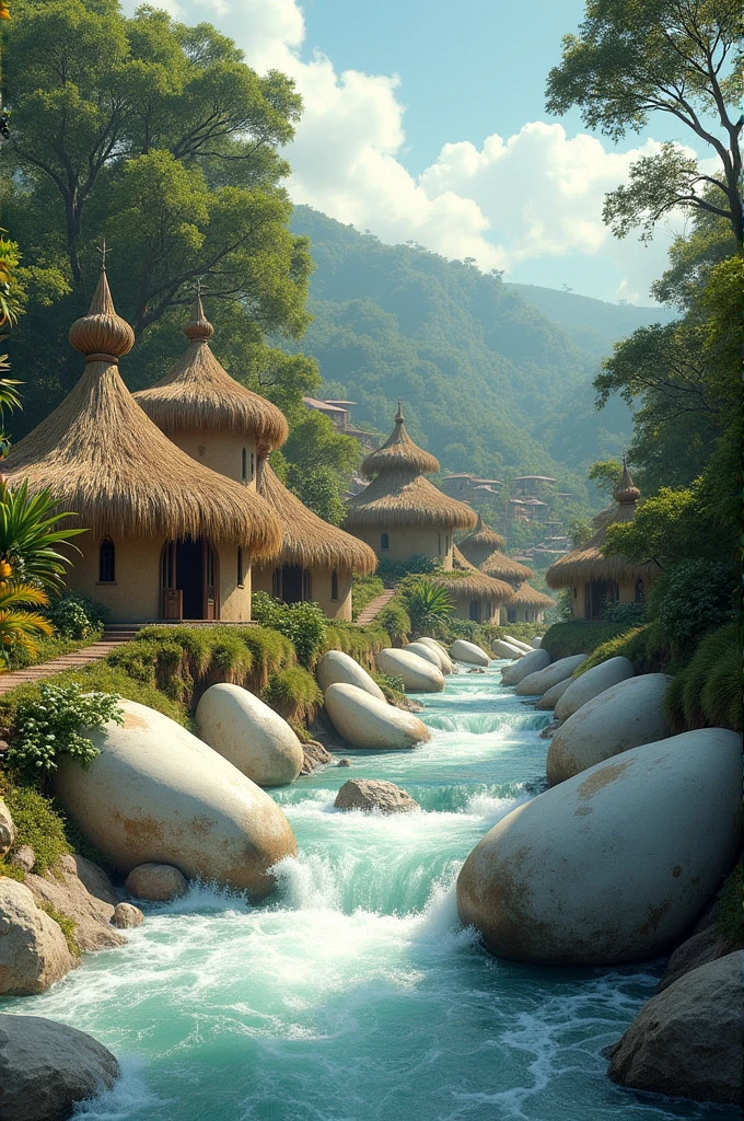 Image of the village of Macondo with houses made of mud and Caña Brava with a river where polished white rocks as big as prehistoric eggs rushed down