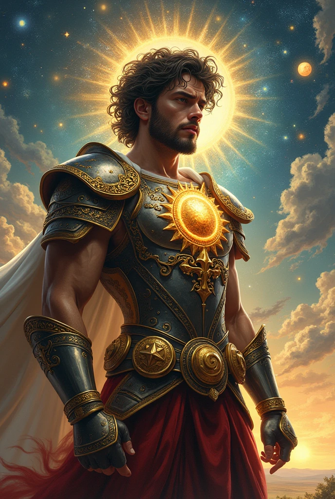 Teenage Gypsy man in armor and medals of the sun and stars revolving around