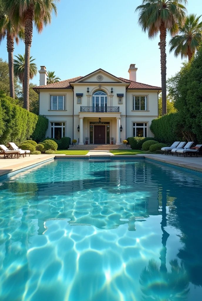 Photo of a swimming pool with a house in the background. Photo angle near the edge of the pool
