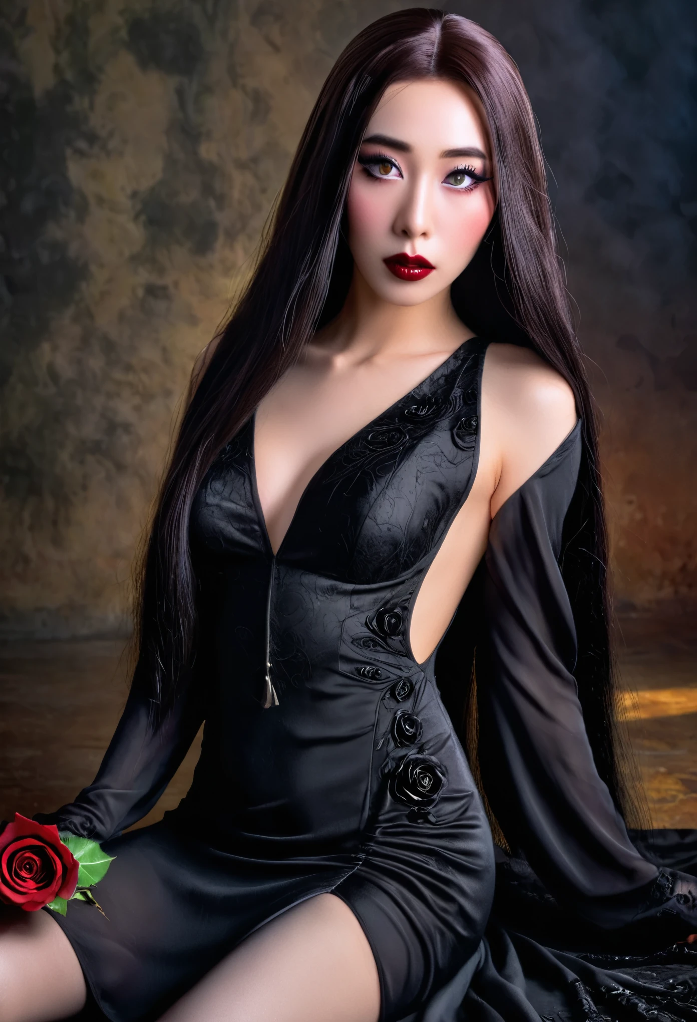 a cute Yuna in cosplay as Morticia Adams, beautiful detailed eyes, beautiful detailed lips, extremely detailed eyes and face, long eyelashes, slinky black dress, deep v down middle, deep thigh slits, sultry pose, holding a black rose, 8k, best quality, high resolution, masterpiece, ultra-detailed, realistic, photorealistic, HDR, studio lighting, extreme detail description, vivid colors, dark gothic, chiaroscuro lighting, moody atmosphere, dramatic lighting
