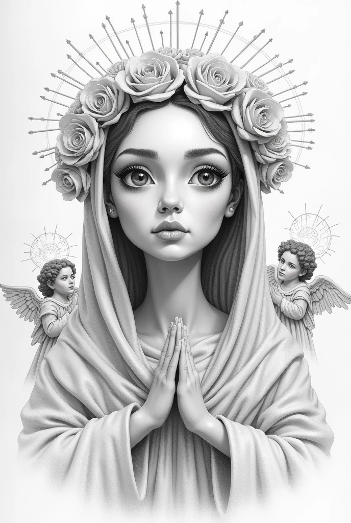 Caricature of Saint Rose of Lima, in pencil, occupying all the space on the sheet, highlighting the values that as a saint she invites us to live , adds to the image his practice of severe asceticism, the roses on her head, add angels, her face to be as similar as possible to the real one