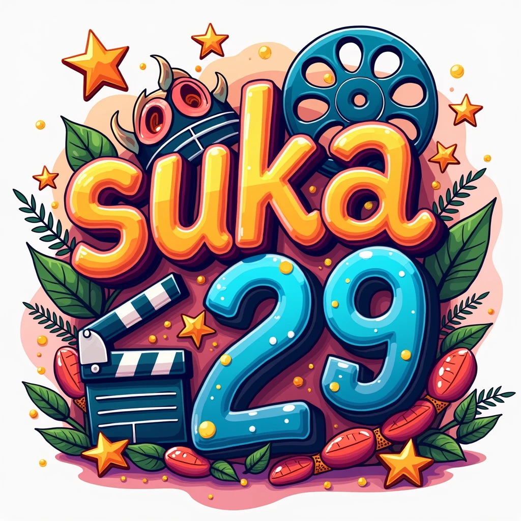 A vibrant and colorful illustration of the text 'SUKAFILM29'. The text should be bold and dynamic, with playful typography. Surround the text with elements related to cinema, such as film reels, clapperboards, and stars. Use a lively color palette with bright, saturated colors to give a festive and energetic feel. The background should have subtle gradients or abstract patterns that complement the main design, making the whole composition eye-catching and fun.