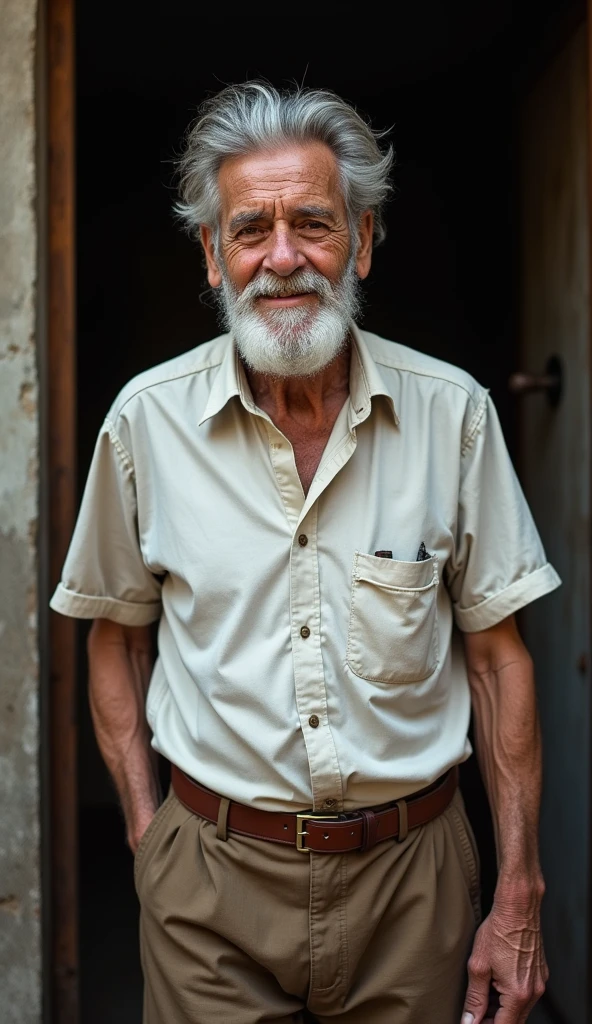 Incite Portrait of an elderly man with weather-worn features. Your skin is wrinkled with age spots, deep lines around the eyes and mouth. He has clear and expressive eyes that convey wisdom and life experiences.. He sports a well-groomed white beard and neatly combed gray hair.. Wear a white shirt and brown pants. Leaving home with a smile on your face.