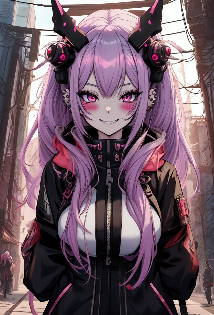 anime girl with a halo on her head and piercings, anime vibes, demon anime girl, [[[[grinning evily]]]], anime style 4 k, ahegao, cyberpunk anime girl, demon girl, high quality anime artstyle, anime moe artstyle, nightcore, 1  anime goth girl, anime cyberpunk art