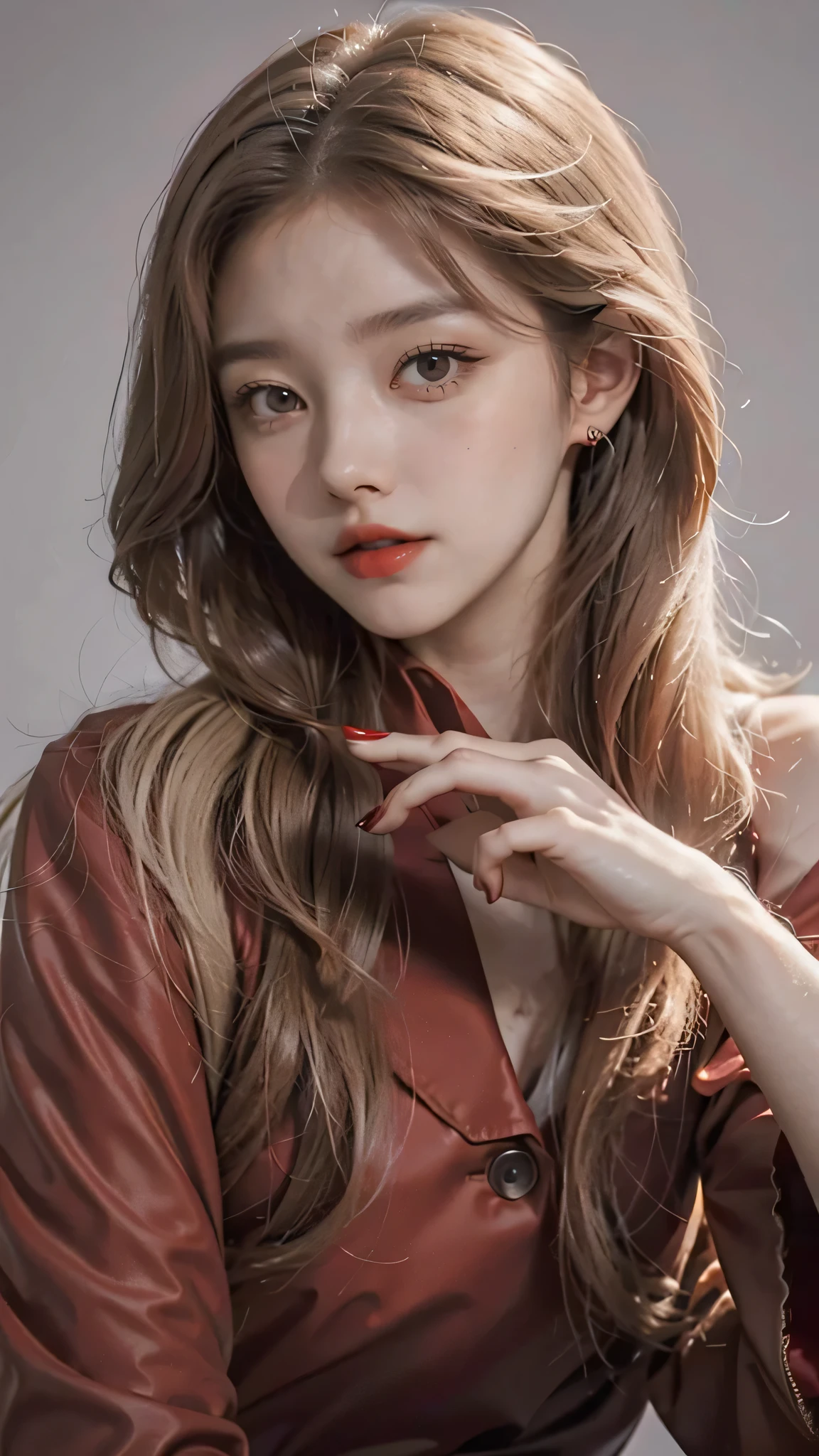Girl wearing, luxury red coat, shoulder length hair, wavy hair, glowing skin, star in eye, red lips, grey background, cute poses , upper body, light blonde hair.