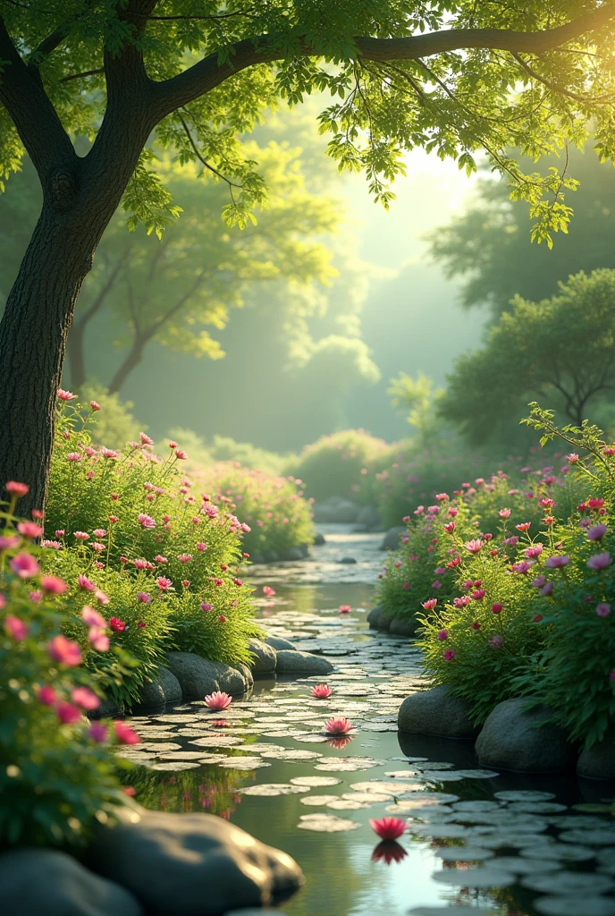 A serene garden, lush greenery, blooming flowers, sunbeams filtering through the trees, a peaceful pond with floating lily pads, a winding stone path, detailed foliage, verdant landscape, natural lighting, vibrant colors, idyllic atmosphere, (best quality,4k,8k,highres,masterpiece:1.2),ultra-detailed,(realistic,photorealistic,photo-realistic:1.37),landscape,natural scenery,warm light,detailed textures,intricate details