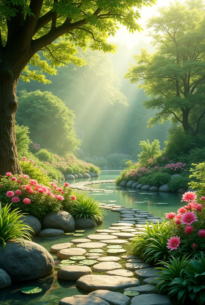 A serene garden, lush greenery, blooming flowers, sunbeams filtering through the trees, a peaceful pond with floating lily pads, a winding stone path, detailed foliage, verdant landscape, natural lighting, vibrant colors, idyllic atmosphere, (best quality,4k,8k,highres,masterpiece:1.2),ultra-detailed,(realistic,photorealistic,photo-realistic:1.37),landscape,natural scenery,warm light,detailed textures,intricate details
