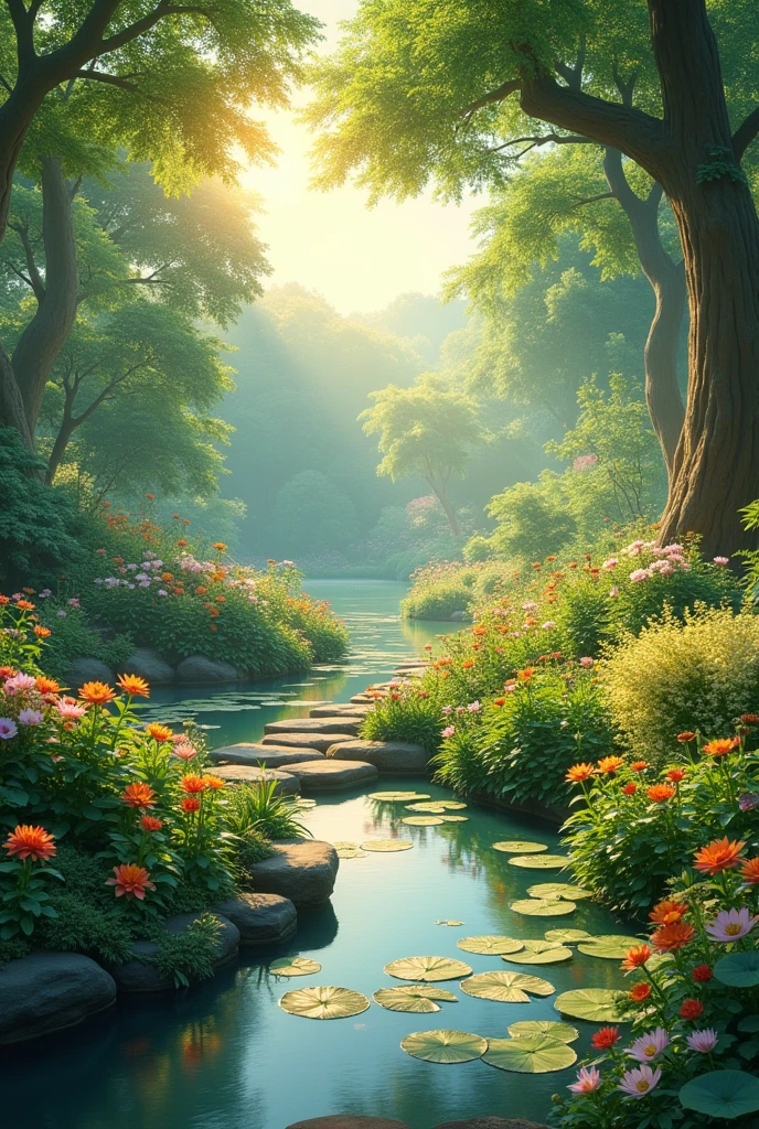 A serene garden, lush greenery, blooming flowers, sunbeams filtering through the trees, a peaceful pond with floating lily pads, a winding stone path, detailed foliage, verdant landscape, natural lighting, vibrant colors, idyllic atmosphere, (best quality,4k,8k,highres,masterpiece:1.2),ultra-detailed,(realistic,photorealistic,photo-realistic:1.37),landscape,natural scenery,warm light,detailed textures,intricate details