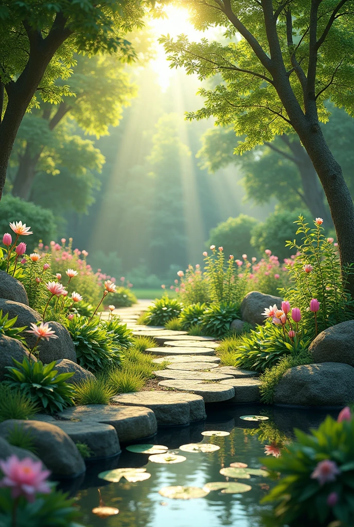 A serene garden, lush greenery, blooming flowers, sunbeams filtering through the trees, a peaceful pond with floating lily pads, a winding stone path, detailed foliage, verdant landscape, natural lighting, vibrant colors, idyllic atmosphere, (best quality,4k,8k,highres,masterpiece:1.2),ultra-detailed,(realistic,photorealistic,photo-realistic:1.37),landscape,natural scenery,warm light,detailed textures,intricate details