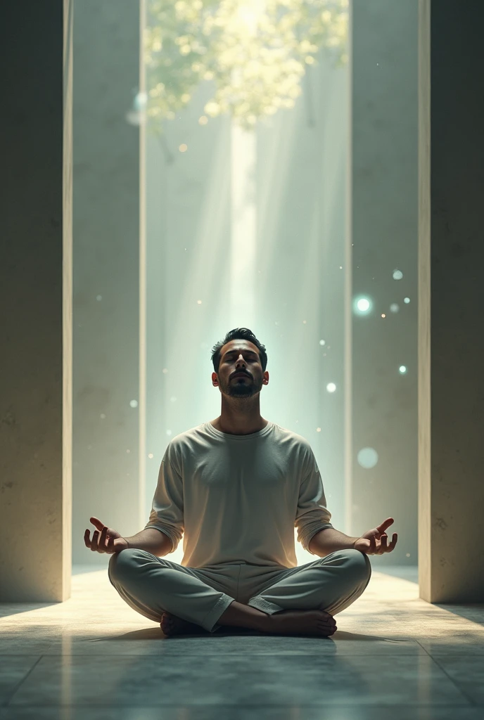 Man meditating invisible barrier.
