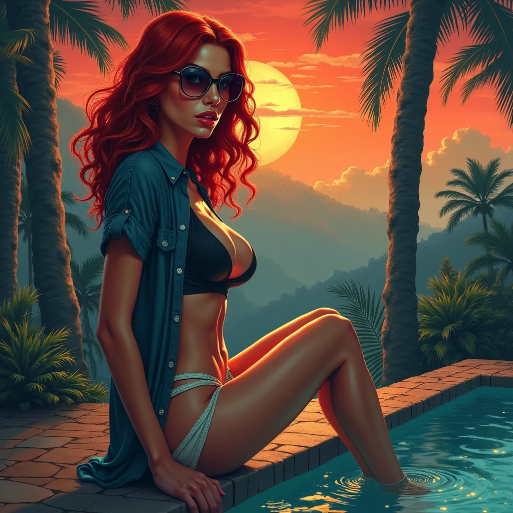 (Full body shot) Tia is shown to have a fairly slender figure. She has white-grey hair , she has short hair and large pale green eyes, A beautiful and peaceful picture, a girl sitting half-cross-legged on the dock, her face level with the shifting gold and orange rays of the sun.  The sky is colored with stunning sunset colors and the clouds are stacked in various shapes.  A fine mist of water slowly rises in the cold air.  The Flood Sea reflects the pink and orange colors of the sky as if it were a mirror of the sky below it.  The girl looks calm and focused and shows a calm spirit in the midst of this beautiful scene, reflecting the tranquility and peace of this picturesque location., cleavage exposed, medium breasts, superior quality, many details, Puri focus  Sharp and realistic