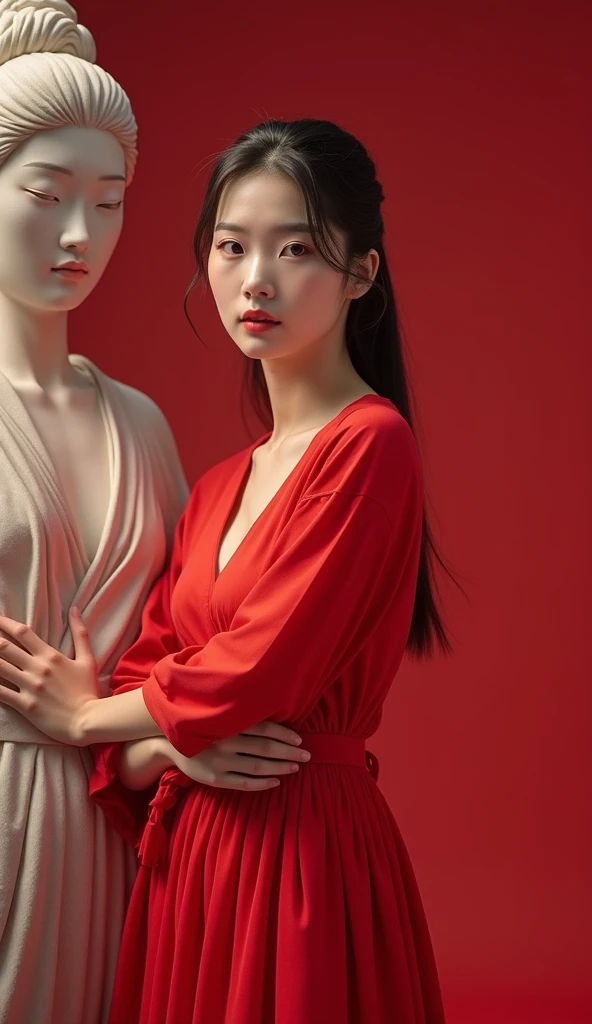 a woman in a red dress and red dress posing for a picture, a marble sculpture by Lü Ji, trending on cg society, aestheticism, beautiful asian woman, beautiful oriental woman, beautiful south korean woman