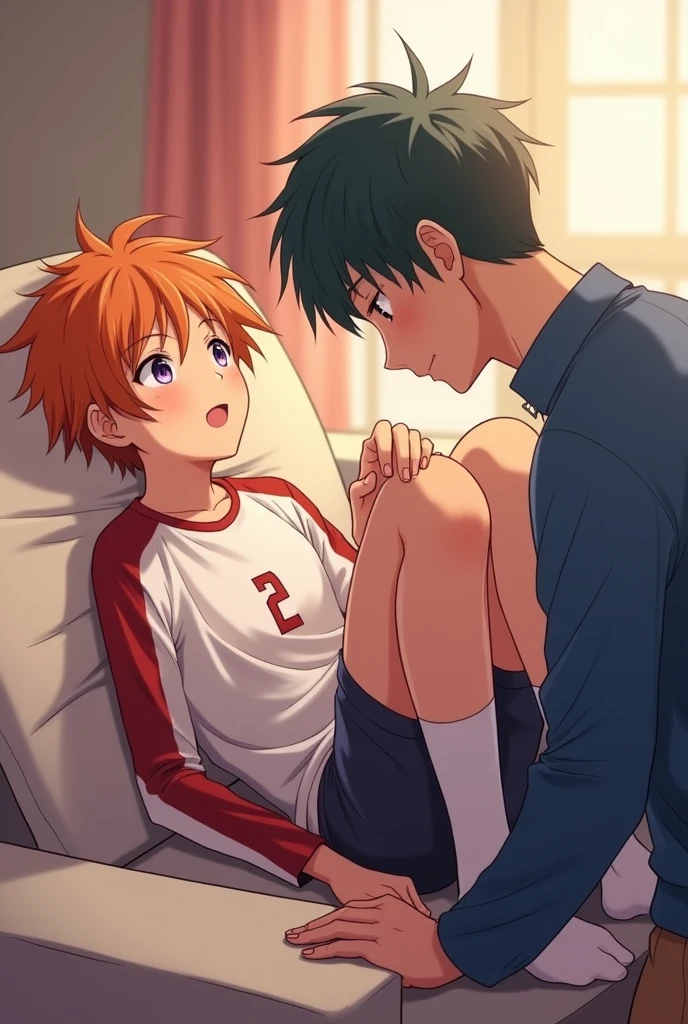 Laying on person, 2boys, cross dressing, shorts, croptop, sweater, short hair, orange hair, pink hair, red eyes, green eyes, femboy, trap, yaoi, laying on another, hugging, holding hip, 