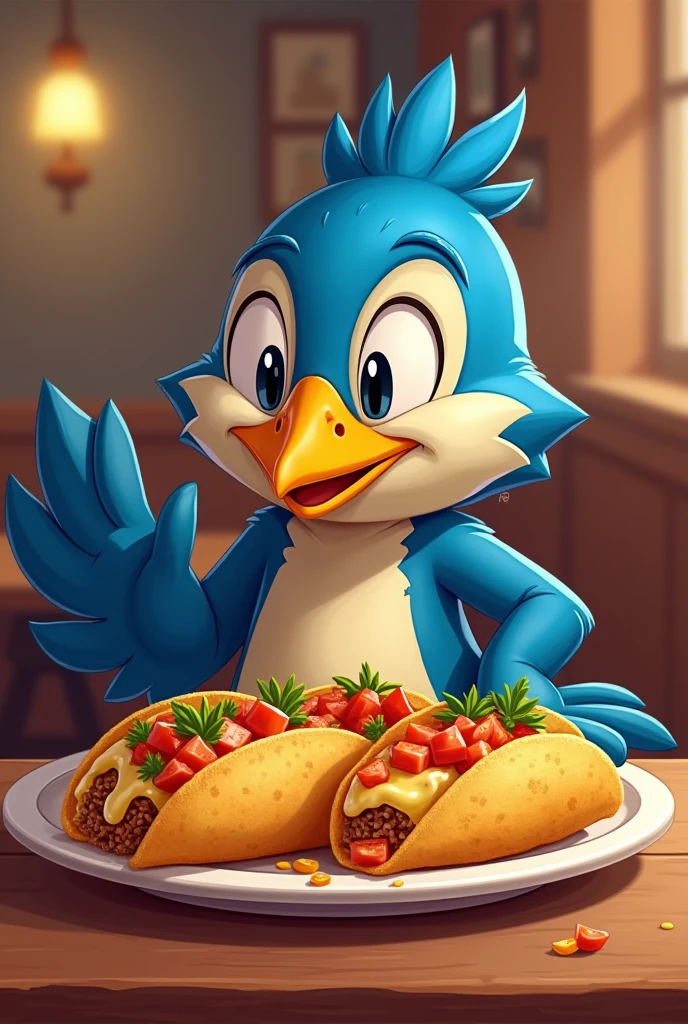 Mordecai character from another show eating stuffed arepas