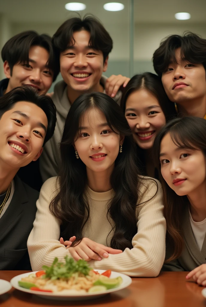 There is a woman sitting at a table with a plate of food, lee wonbin, Hyung Tae, pale korean adorable face, jungkook, black haired yoongi, TaeJune Kim, Jung Jaehyun, Shin Jeongho, ironic smile, relaxed smile on face, Jimin\his right eyelid is swollen, taken in the early 2020s