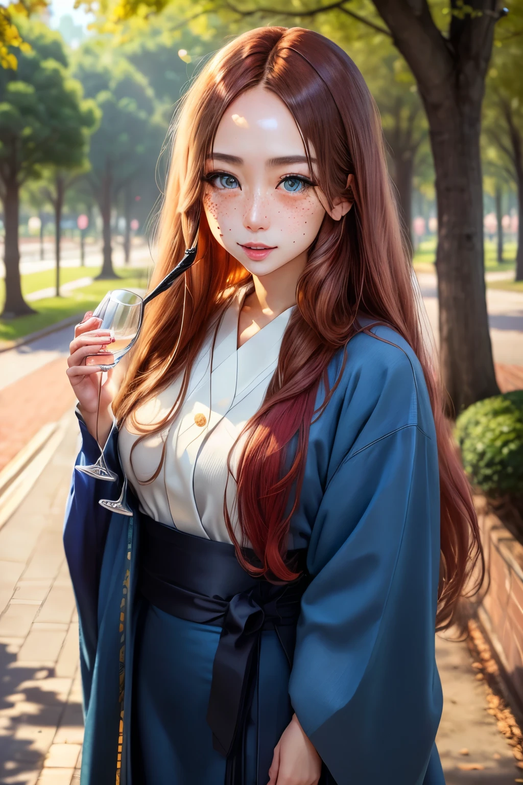 a one woman, long straight red hair, of the whole glass, perfectbody, muslos grandes, blue colored eyes, (Japanese gal average face), freckles on the face, face detailed, standing, in a park, ray tracing, high resolution, super detaill, 8k, Overview