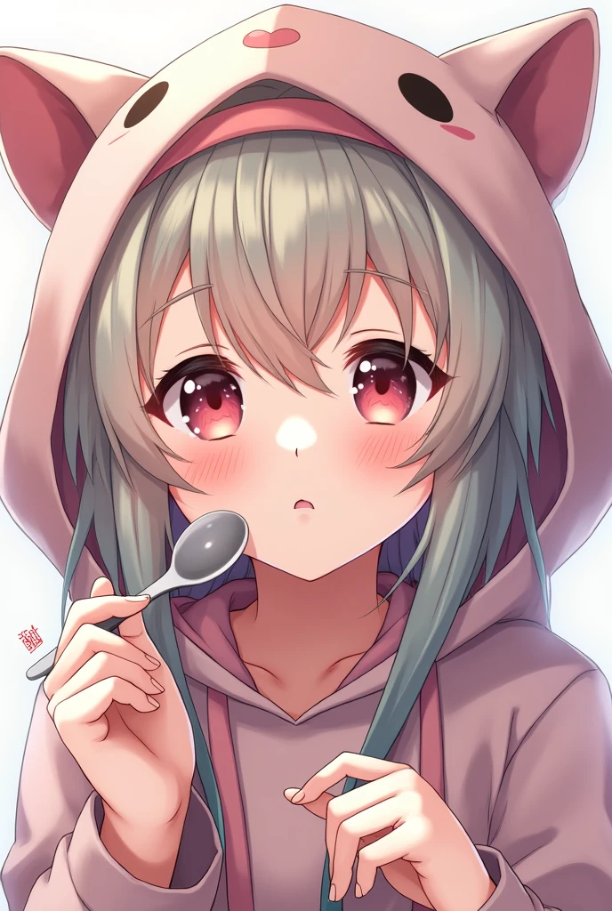 A girl holding a spoon, streaked hair, hairband, heart-shaped pupils, pout, animal hood, anime, HD