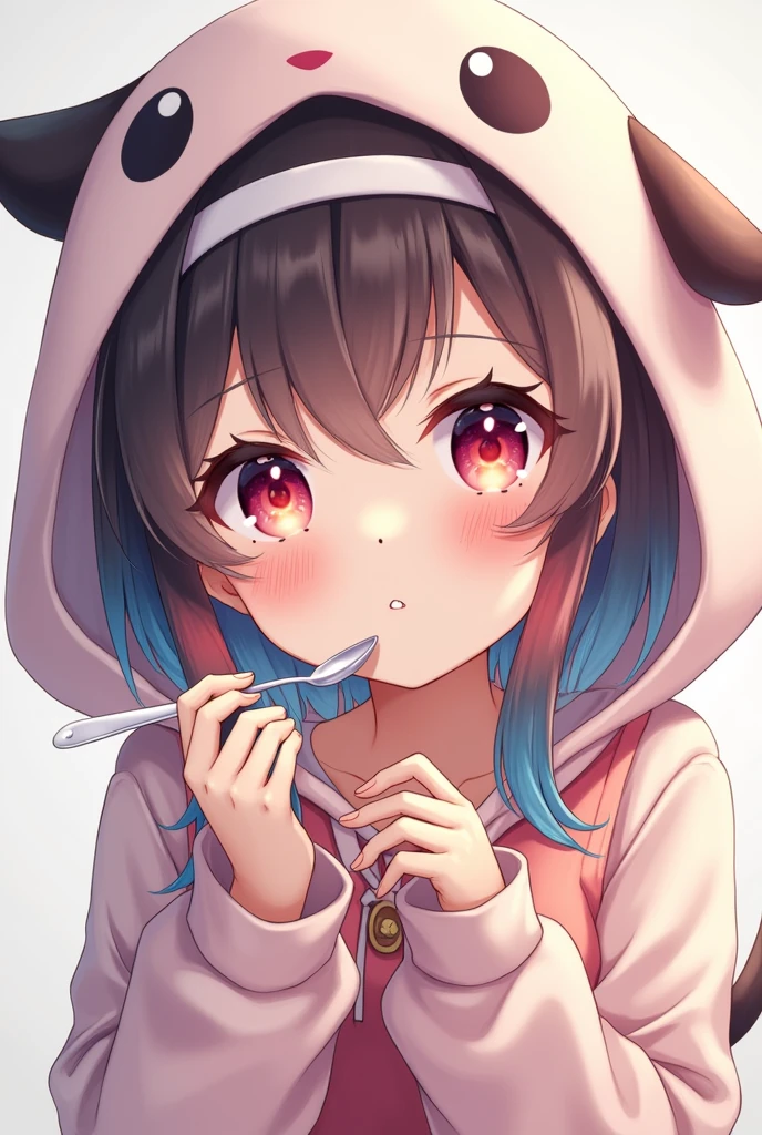 A girl holding a spoon, streaked hair, hairband, heart-shaped pupils, pout, animal hood, anime, HD