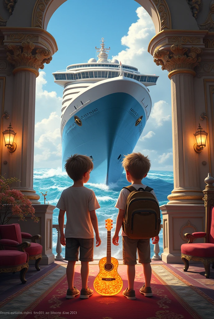 2 boys are getting ready to go on a cruise. They arrive at a large cruise ship. When they explore it inside, they discover a magic guitar.