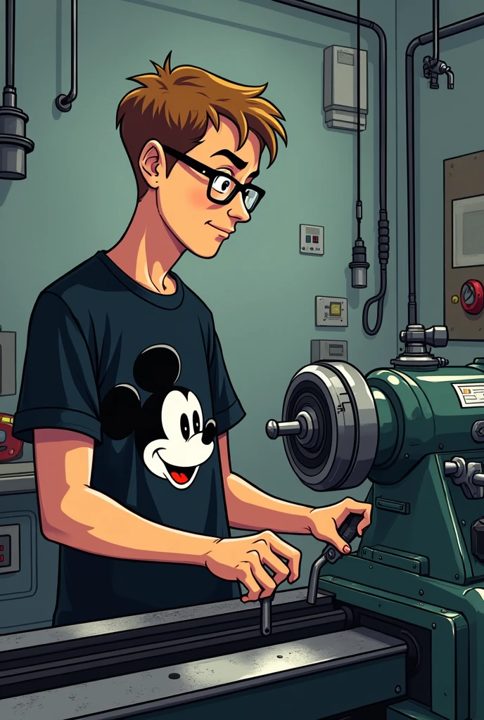 A short, light brown haired lathe operator with glasses and a black Mickey Mouse shirt on a large comic book lathe