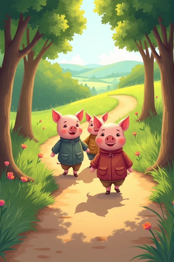 The three little pigs walking away along a path. to color