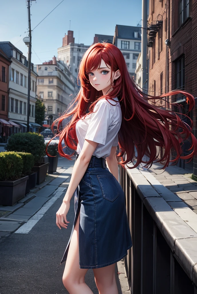 1 girl with waist-length red hair with waves, blue eyes, medium breasts, slim waist casual wear
