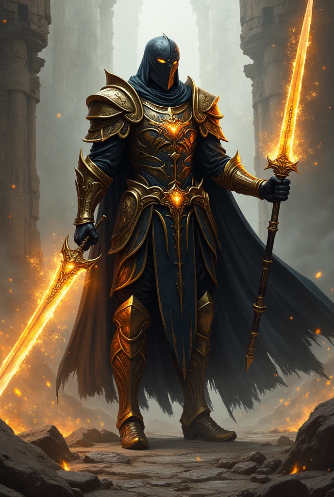 Hero:
name: Aric Blackthorn Description: Aric is an imposing warrior in black-gold armor that glows with a magical aura.. He wields a Staff of the Apocalyptic Dragon and the Sword of the Destroyer of Worlds., a legendary weapon with immense destructive power. Its goal is to restore peace and protect the innocent..