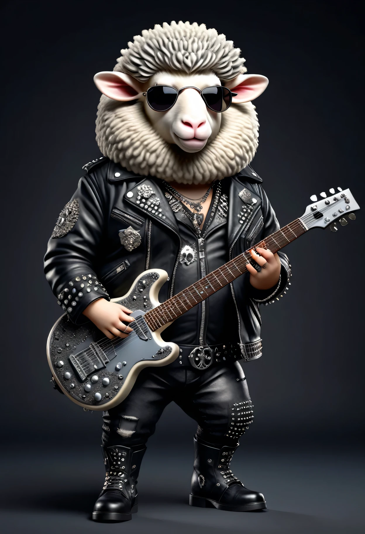 photorealistic portrait of Dressed animals - a ((fat)) sheep punk-rocker, (full body image:1.5), (furry),(holding a punk style electric guitar:1.5), Wearing a tailored black leather jacket featuring intricate silver stud patterns reminiscent of sacred symbols, (wearing sunglasses),leather boots, adorned in a modern punk-rock ensemble,, detailed and opulent description of modern punk-rock style, studio lighting, intricate ornate accessories, stage background,(viewed from side:1.5),score_9, score_8_up, score_7_up, score_6_up, score_5_up, score_4_up,
