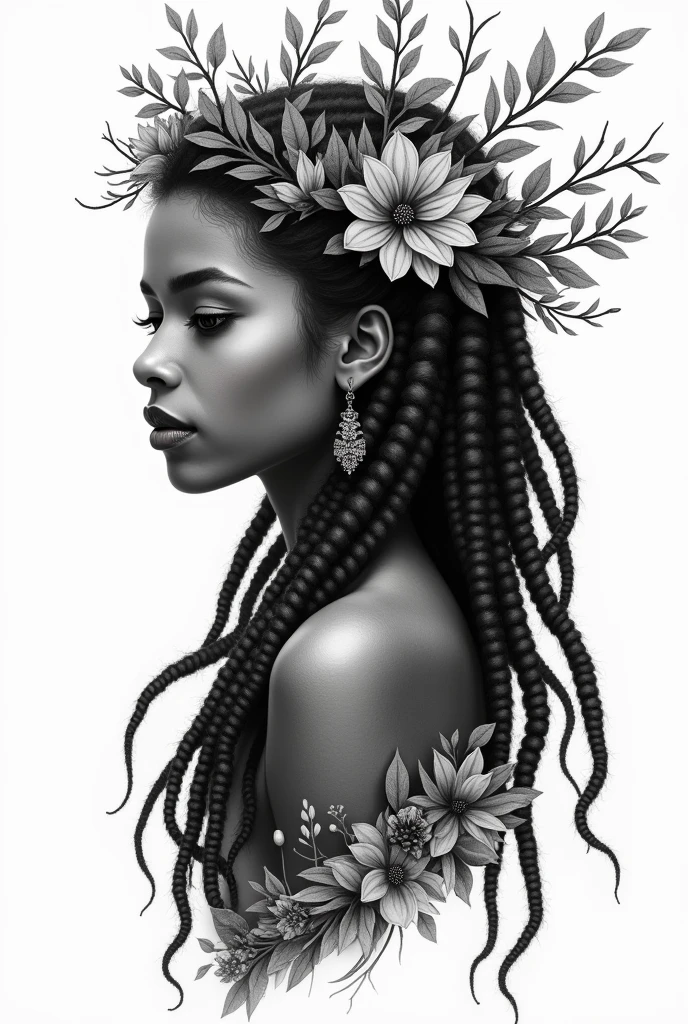 black and white arm tattoo of a young witch, pretty, of African features, long, full hair with dreadlocks, a crown of branches, flowers and elven costumes