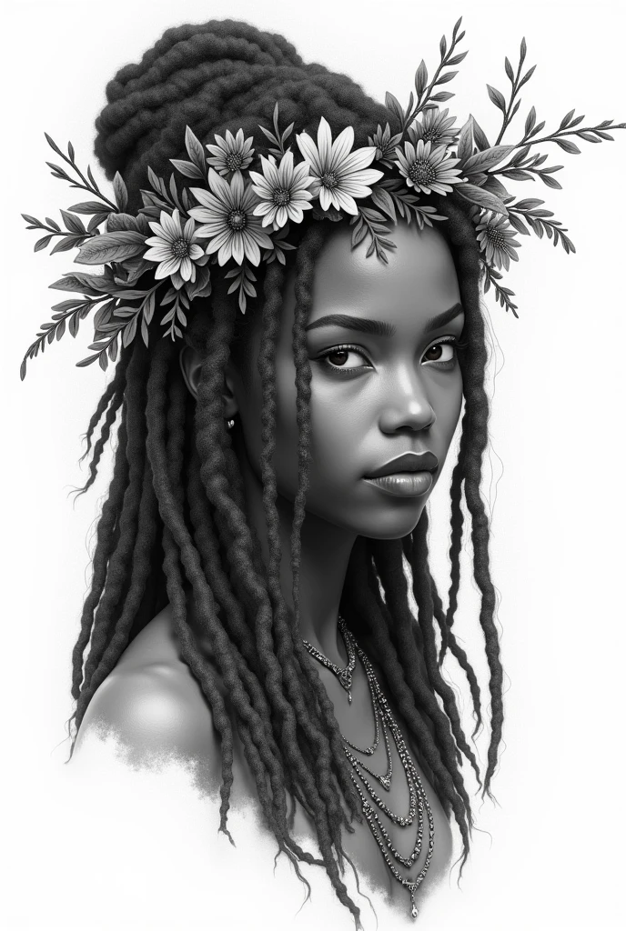 black and white arm tattoo of a young witch, pretty, of African features, long, full hair with dreadlocks, a crown of branches, flowers and elven costumes
