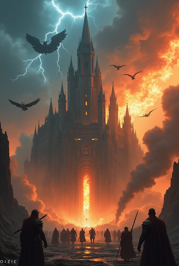 Asgard Castle in Flames, natta, lightning, odin&#39;s face with an eye patch in the clouds, Valkyrie warriors in the sky, Viking warriors 