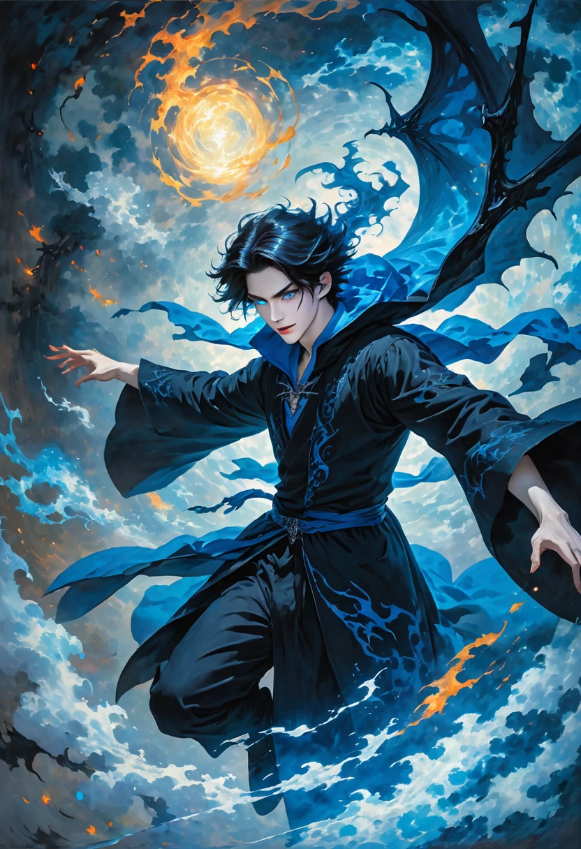 In this striking image of a male warlock, we see a handsomely dark and mysterious teenager with long black hair, pale skin, devil horns, and piercing glowing blue eyes. His blue robes billow around him as he soars through the mid-air using his demon-like wings. The warlock's striking features include sharp fangs, devil horns protruding from beneath his dark, and a captivating eldritch presence. Bathed in a mystical glow, the image portrays him floating effortlessly, showcasing his mastery of witchcraft and arcane arts. The full-bodied depiction, perhaps a painting, exudes a sense of high-quality artistry, capturing the mesmerizing allure of this supernatural being.

